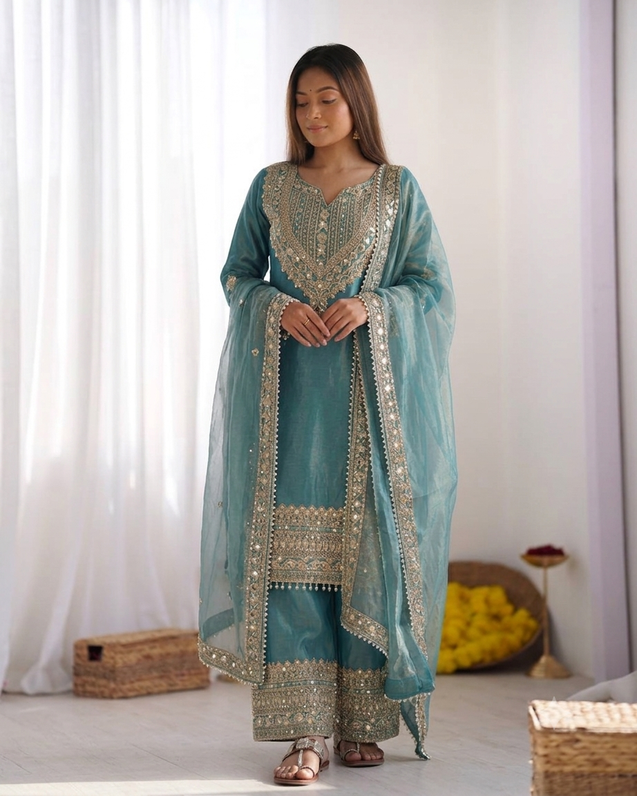 FAOTIVO Fendy Silk Kurti Sharara Dupatta Set