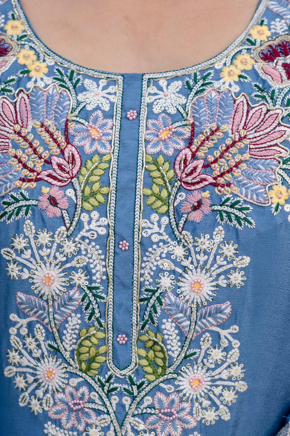 Women’s Embroidered Chinon Kurti Palazzo  Set with Dupatta