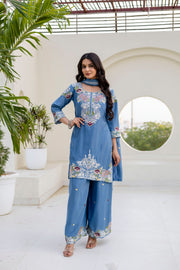 Women’s Embroidered Chinon Kurti Palazzo  Set with Dupatta