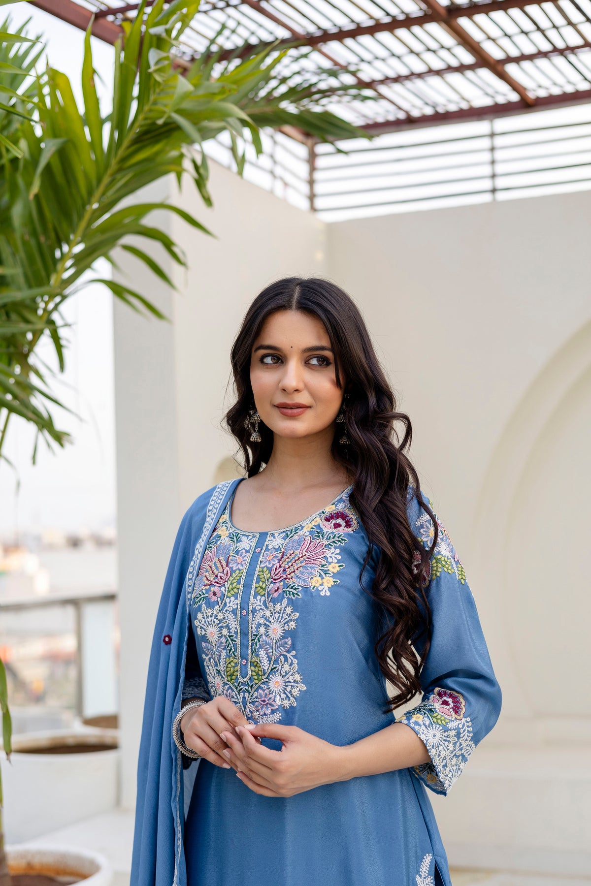 Women’s Embroidered Chinon Kurti Palazzo  Set with Dupatta