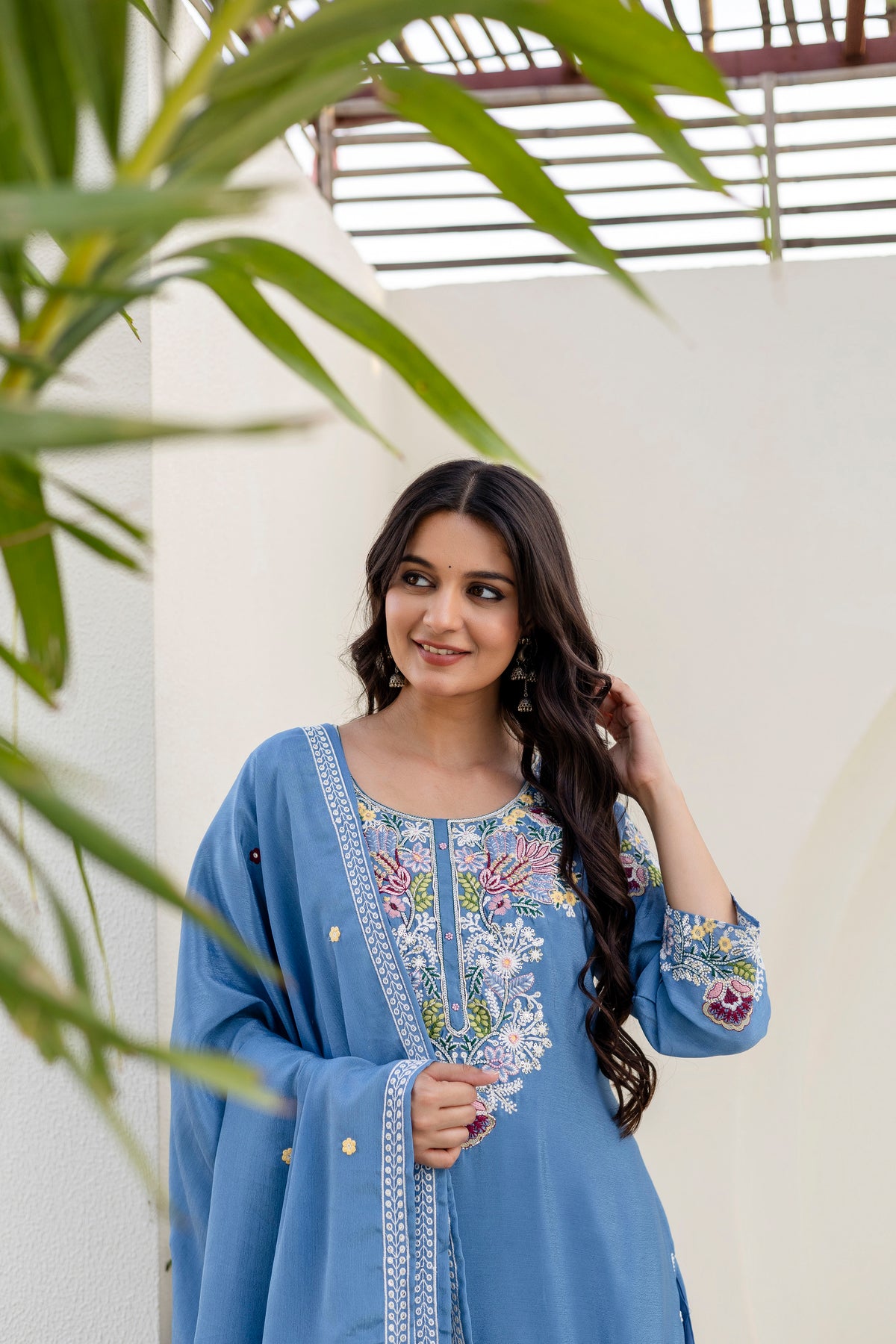 Women’s Embroidered Chinon Kurti Palazzo  Set with Dupatta