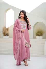 Women’s Embroidered Chinon Kurti Palazzo  Set with Dupatta