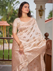 Off-White & Beige Cream Woven Jacquard Silk Saree with Blouse Piece