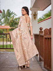 Off-White & Beige Cream Woven Jacquard Silk Saree with Blouse Piece