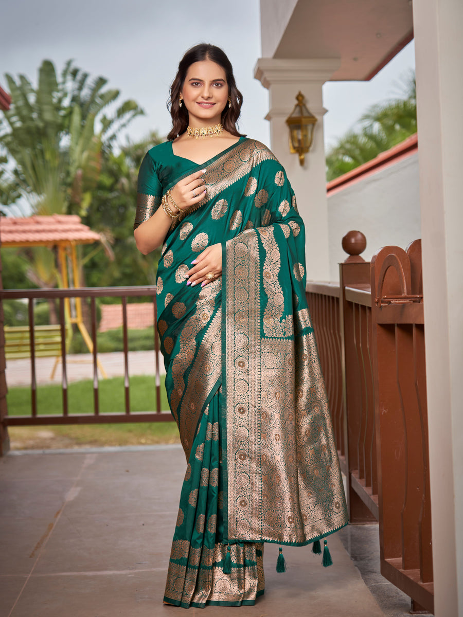 Bottle Green & Rose Gold Woven Jacquard Silk Saree with Blouse Piece