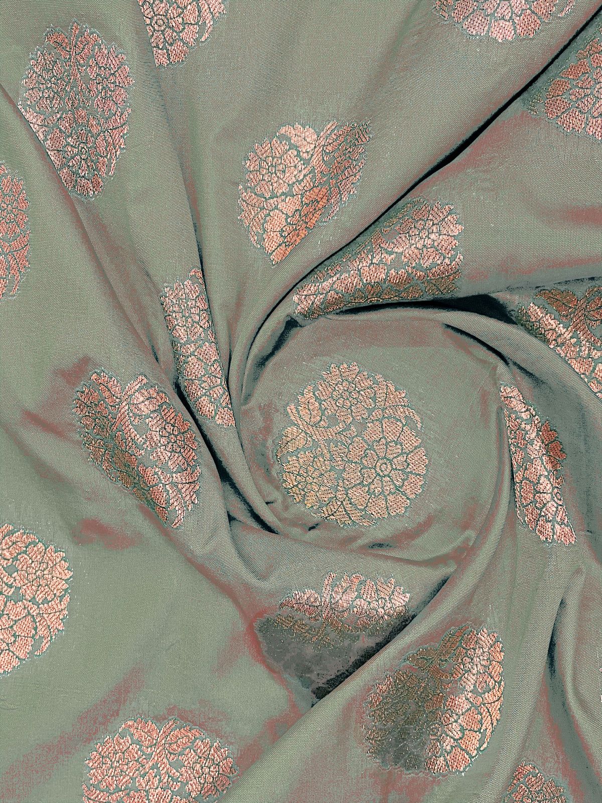 Sage Green & Rose Gold Woven Jacquard Silk Saree with Blouse Piece