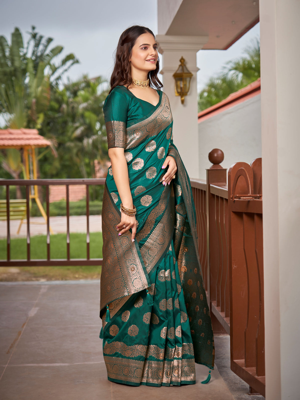 Bottle Green & Rose Gold Woven Jacquard Silk Saree with Blouse Piece