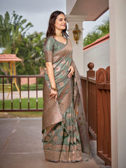 Sage Green & Rose Gold Woven Jacquard Silk Saree with Blouse Piece