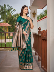 Bottle Green & Rose Gold Woven Jacquard Silk Saree with Blouse Piece