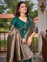 Bottle Green & Rose Gold Woven Jacquard Silk Saree with Blouse Piece