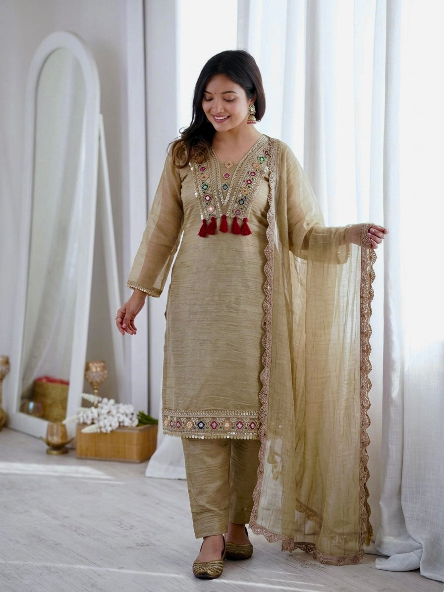 Women’s Light Gold 3 Piece Festive Suit Set