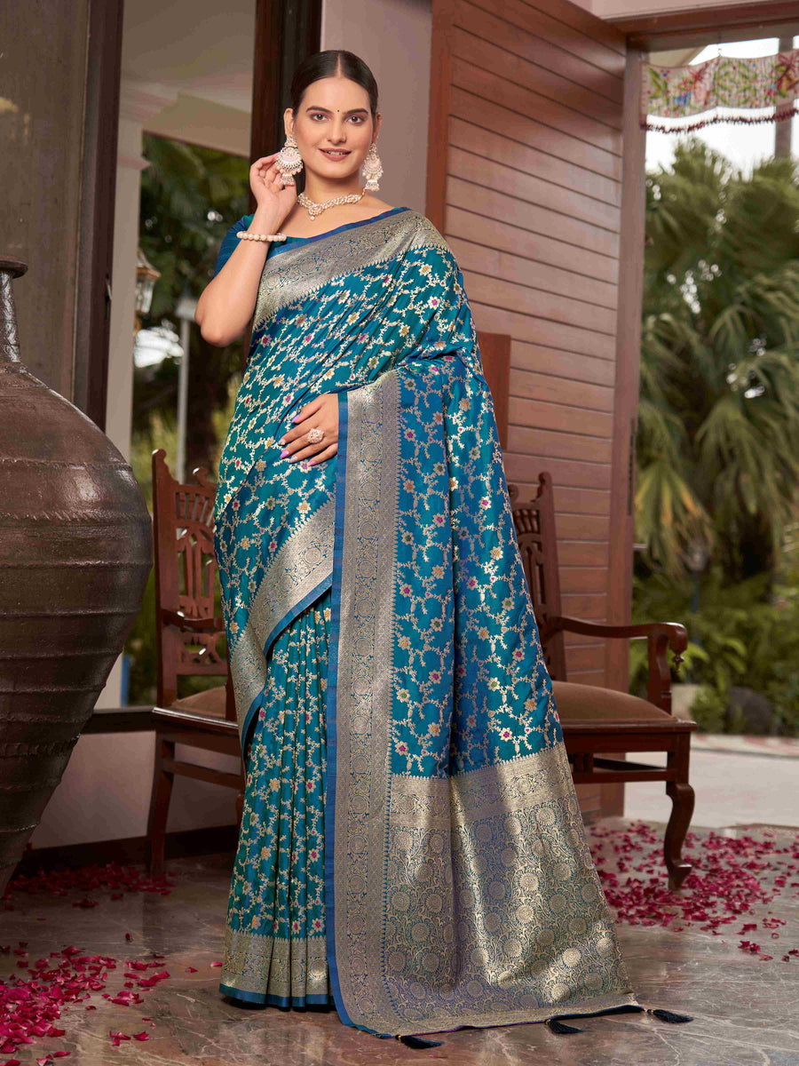 Teal Blue Floral Jaal Woven Jacquard Silk Saree with Blouse Piece