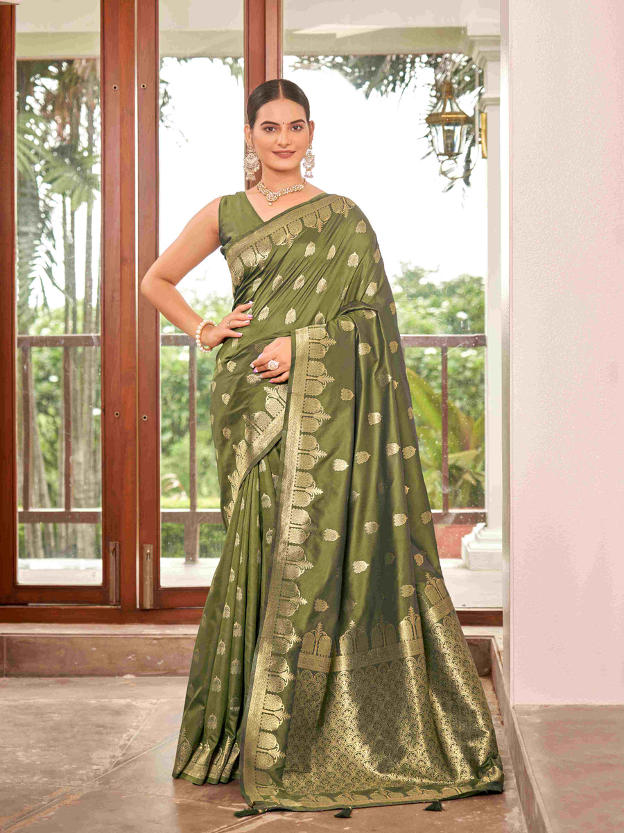Olive Green & Antique Gold Zari Woven Jacquard Silk Saree with Blouse Piece