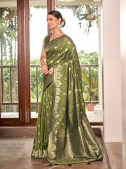 Olive Green & Antique Gold Zari Woven Jacquard Silk Saree with Blouse Piece