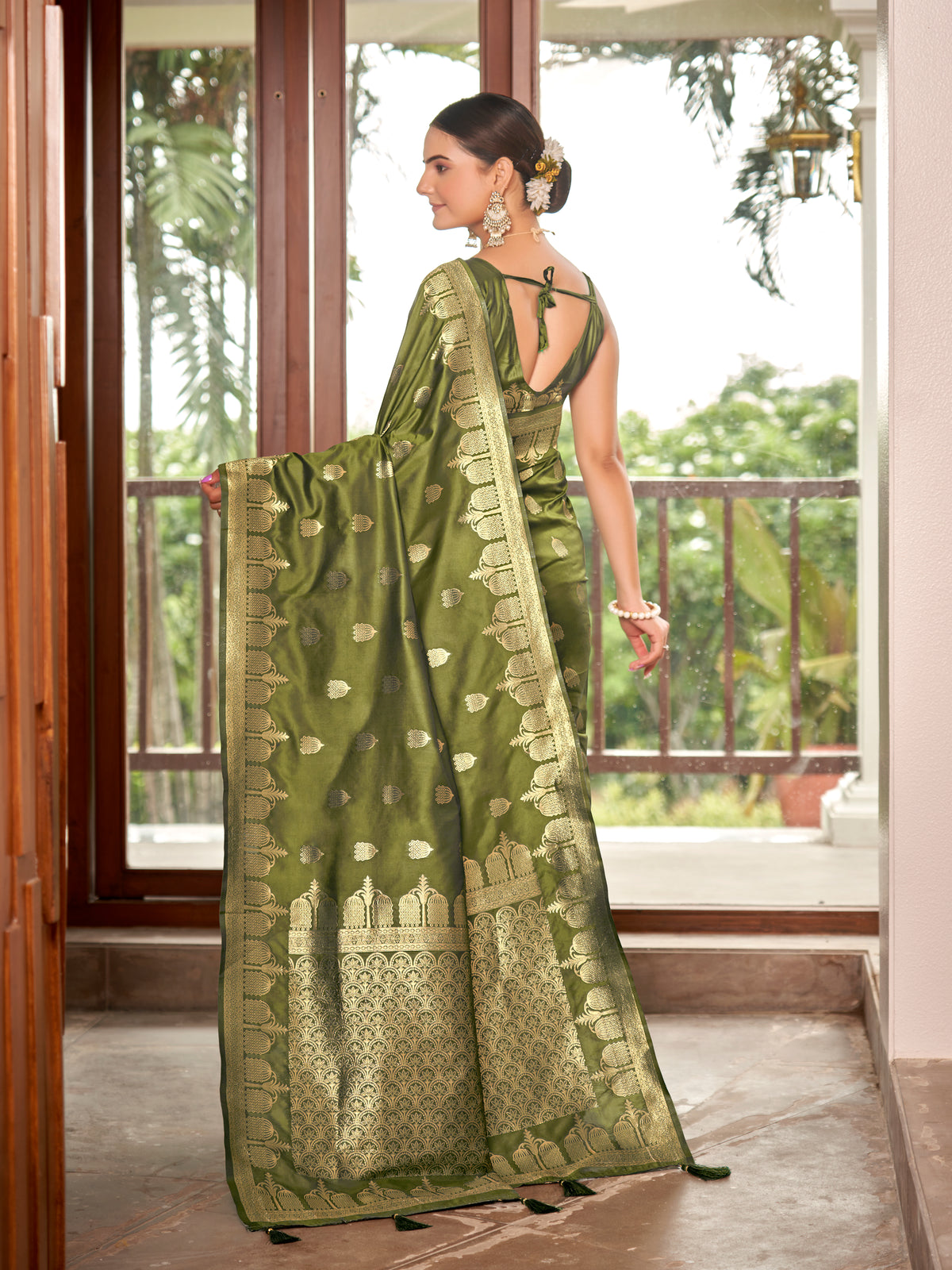 Olive Green & Antique Gold Zari Woven Jacquard Silk Saree with Blouse Piece