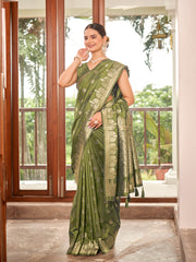 Olive Green & Antique Gold Zari Woven Jacquard Silk Saree with Blouse Piece