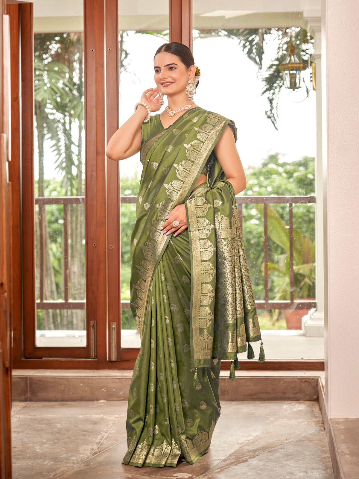 Olive Green & Antique Gold Zari Woven Jacquard Silk Saree with Blouse Piece