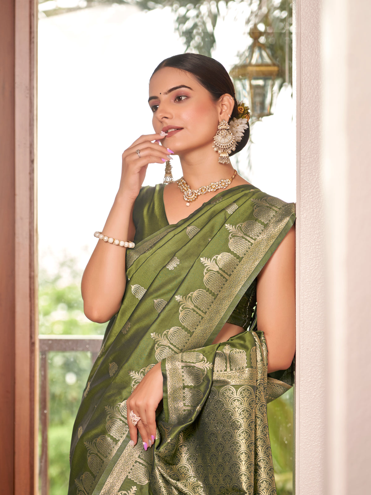 Olive Green & Antique Gold Zari Woven Jacquard Silk Saree with Blouse Piece