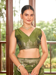 Olive Green & Antique Gold Zari Woven Jacquard Silk Saree with Blouse Piece