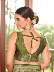 Olive Green & Antique Gold Zari Woven Jacquard Silk Saree with Blouse Piece