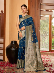 Royal Navy Blue & Gold Zari Woven Jacquard Silk Saree with Blouse Piece