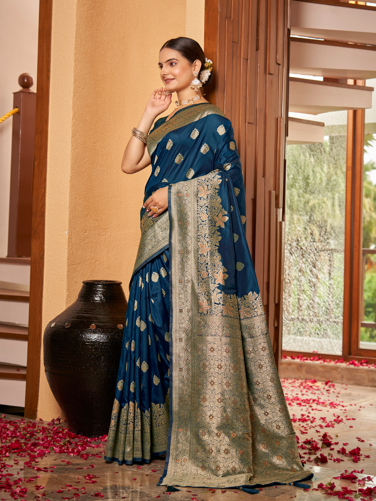 Royal Navy Blue & Gold Zari Woven Jacquard Silk Saree with Blouse Piece