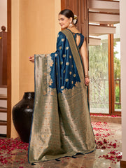 Royal Navy Blue & Gold Zari Woven Jacquard Silk Saree with Blouse Piece