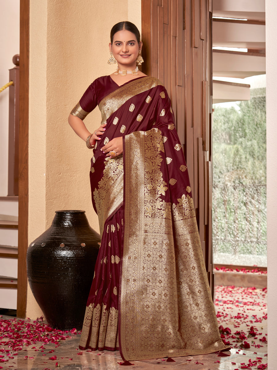 Wine Maroon & Gold Zari Woven Jacquard Silk Saree with Blouse Piece