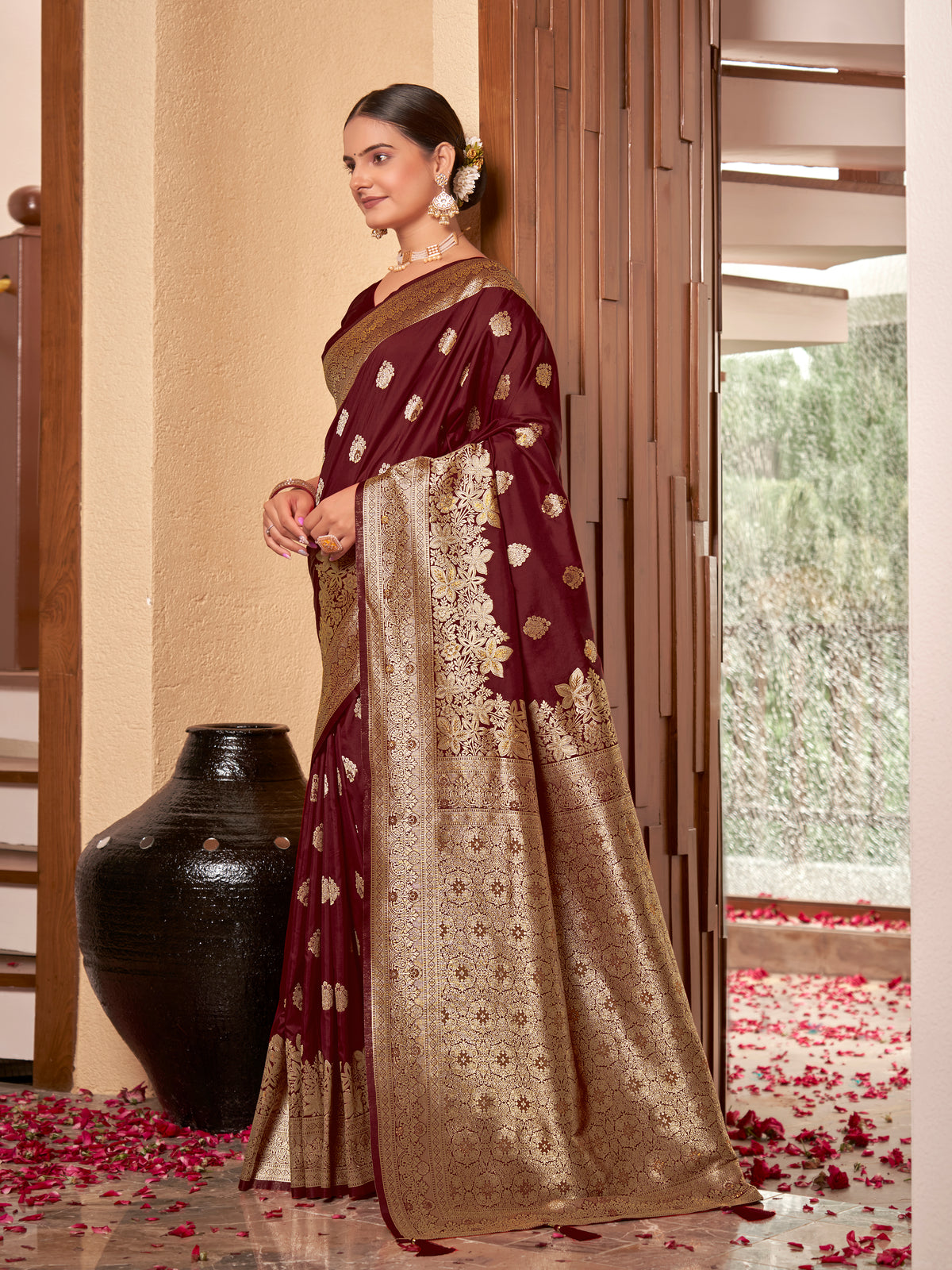 Wine Maroon & Gold Zari Woven Jacquard Silk Saree with Blouse Piece