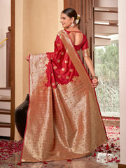 Crimson Red & Gold Zari Woven Jacquard Silk Saree with Blouse Piece