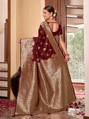 Wine Maroon & Gold Zari Woven Jacquard Silk Saree with Blouse Piece