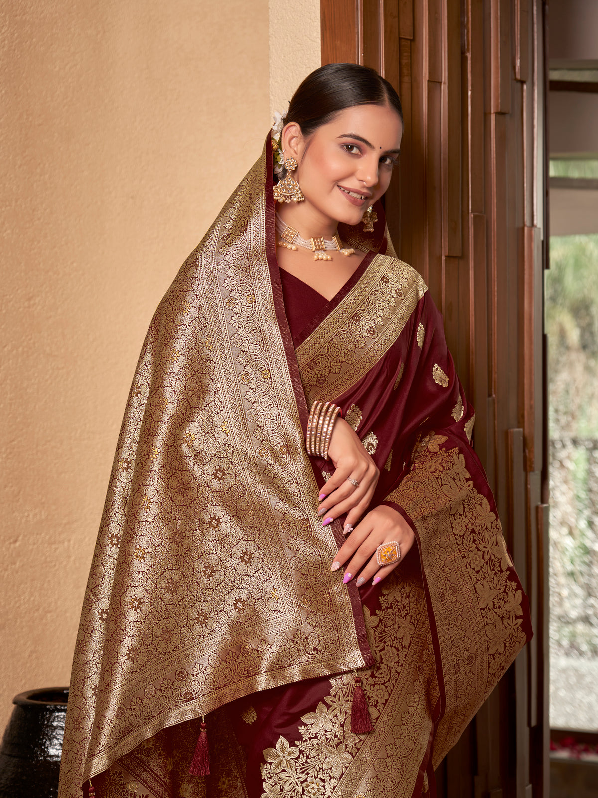 Wine Maroon & Gold Zari Woven Jacquard Silk Saree with Blouse Piece