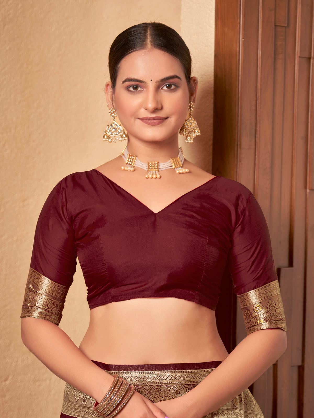 Wine Maroon & Gold Zari Woven Jacquard Silk Saree with Blouse Piece