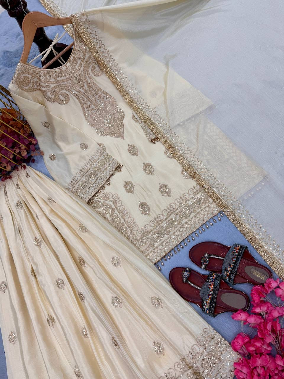 Chinon Silk Embroidered 3 Piece Palazzo Suit