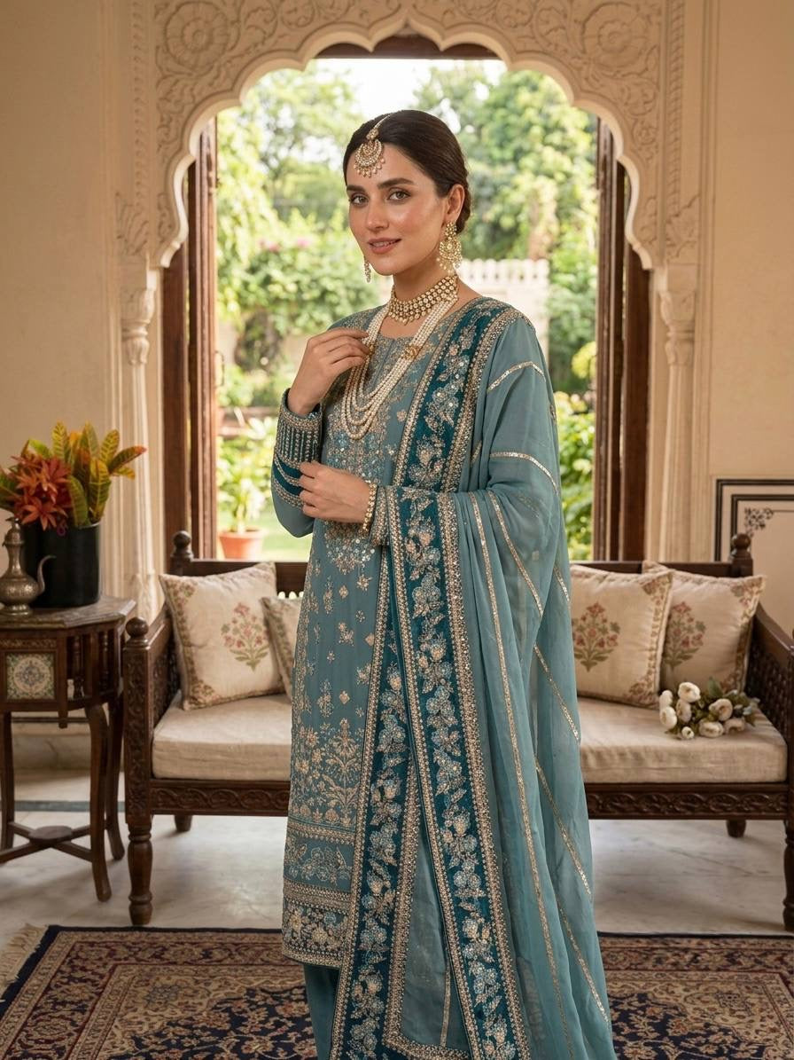 Fox Georgette Embroidered 3 Piece Suit