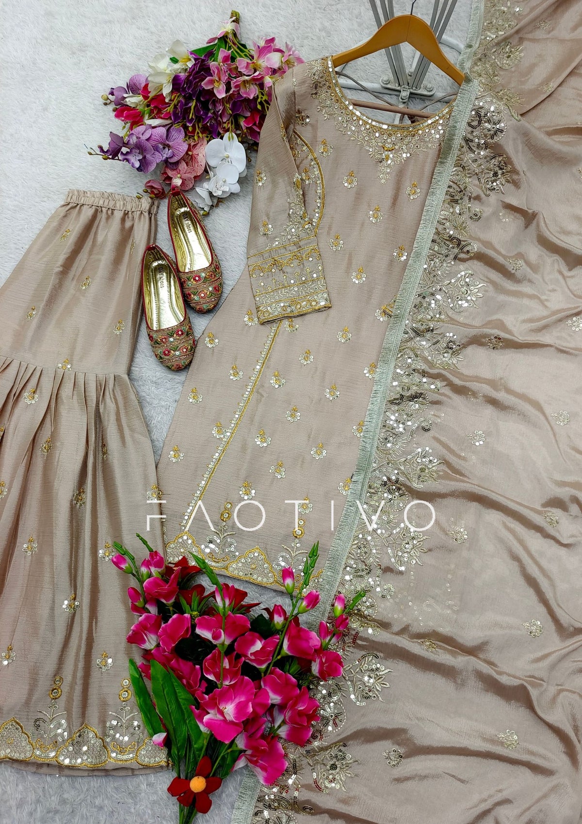 Embroidered Chinon Silk Sharara Suit Set