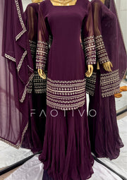 FAOTIVO Deep Purple Embroidered Sharara Suit Set