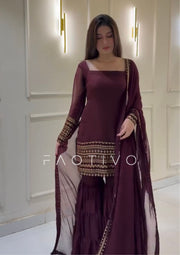FAOTIVO Deep Purple Embroidered Sharara Suit Set