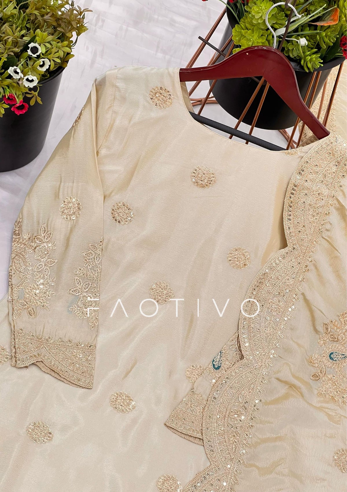 Designer Embroidered Chinnon Silk Sharara Suit