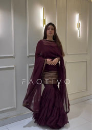 FAOTIVO Deep Purple Embroidered Sharara Suit Set