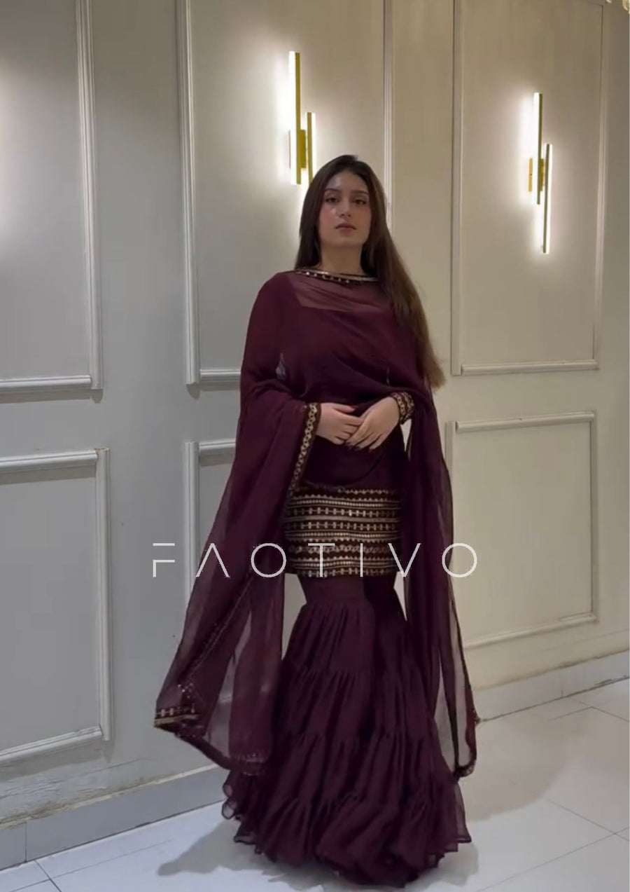 FAOTIVO Deep Purple Embroidered Sharara Suit Set
