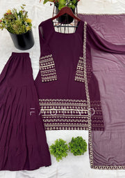 FAOTIVO Deep Purple Embroidered Sharara Suit Set