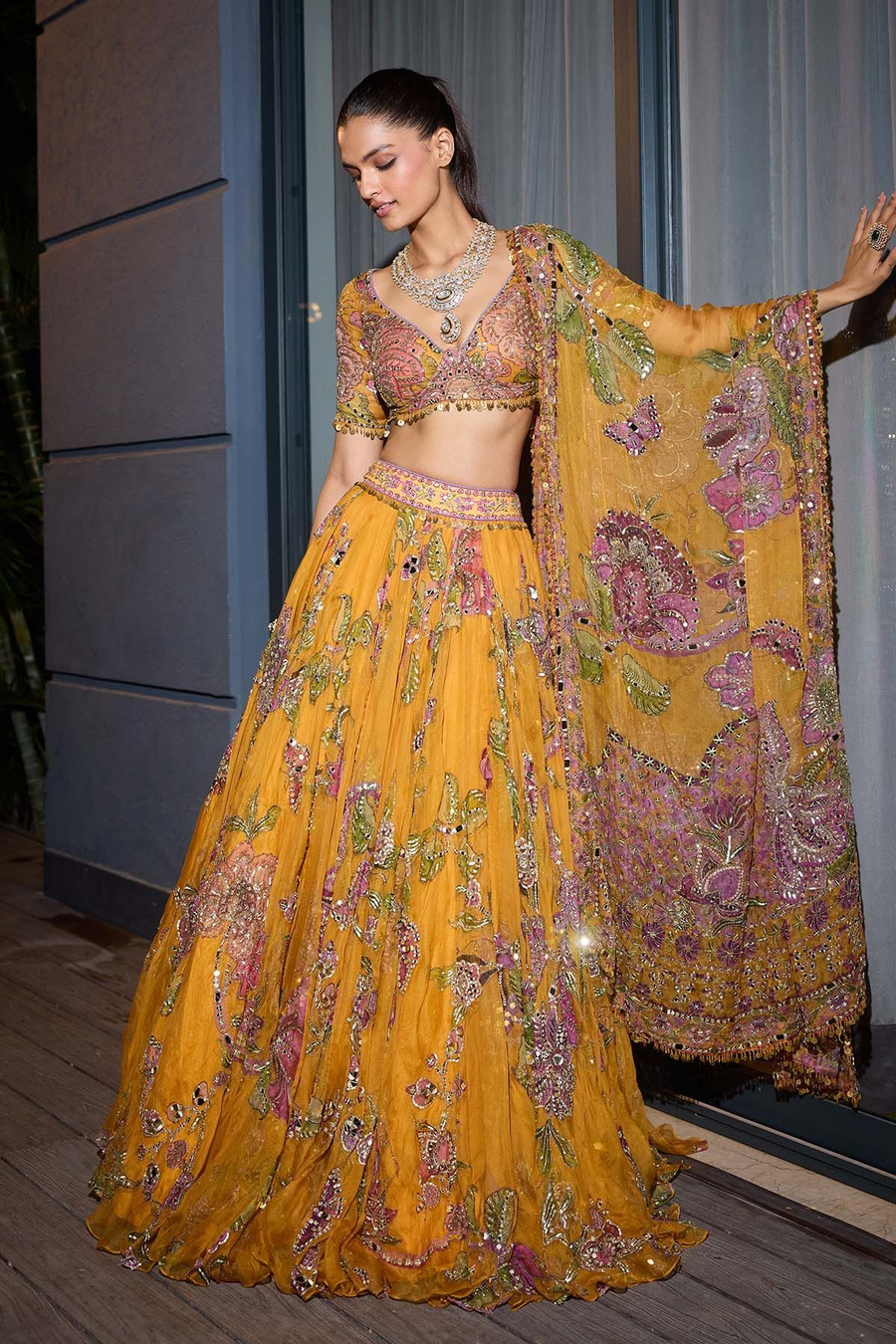 Mustard Yellow Floral Lehenga with Matching Dupatta