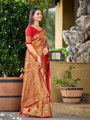Multi-Color Red, Yellow & Green Woven Jacquard Silk Saree with Blouse Piece