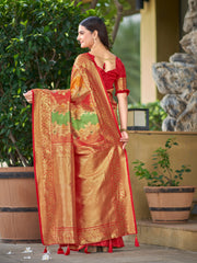 Multi-Color Red, Yellow & Green Woven Jacquard Silk Saree with Blouse Piece