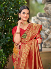 Multi-Color Red, Yellow & Green Woven Jacquard Silk Saree with Blouse Piece