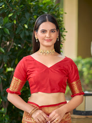 Multi-Color Red, Yellow & Green Woven Jacquard Silk Saree with Blouse Piece