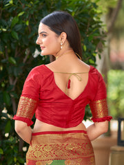 Multi-Color Red, Yellow & Green Woven Jacquard Silk Saree with Blouse Piece