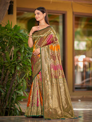 Multi-Color Mustard, Rani Pink & Olive Brown Woven Jacquard Silk Saree with Blouse Piece