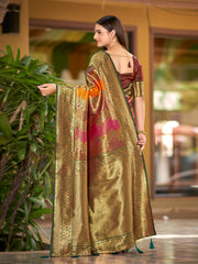 Multi-Color Mustard, Rani Pink & Olive Brown Woven Jacquard Silk Saree with Blouse Piece